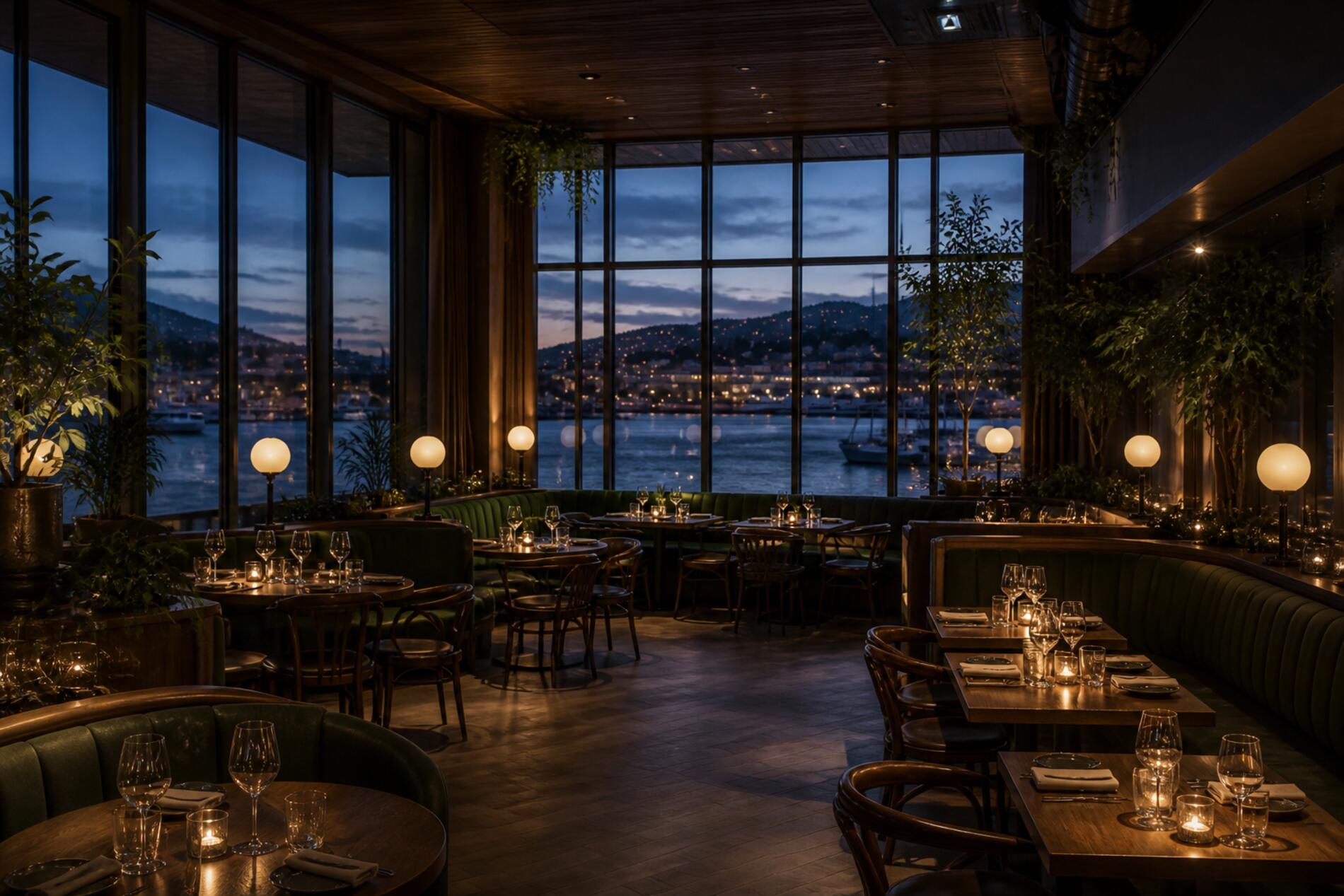 Restaurantens spisesal om kvelden, med utsikt mot en opplyst havn og fjell i bakgrunnen