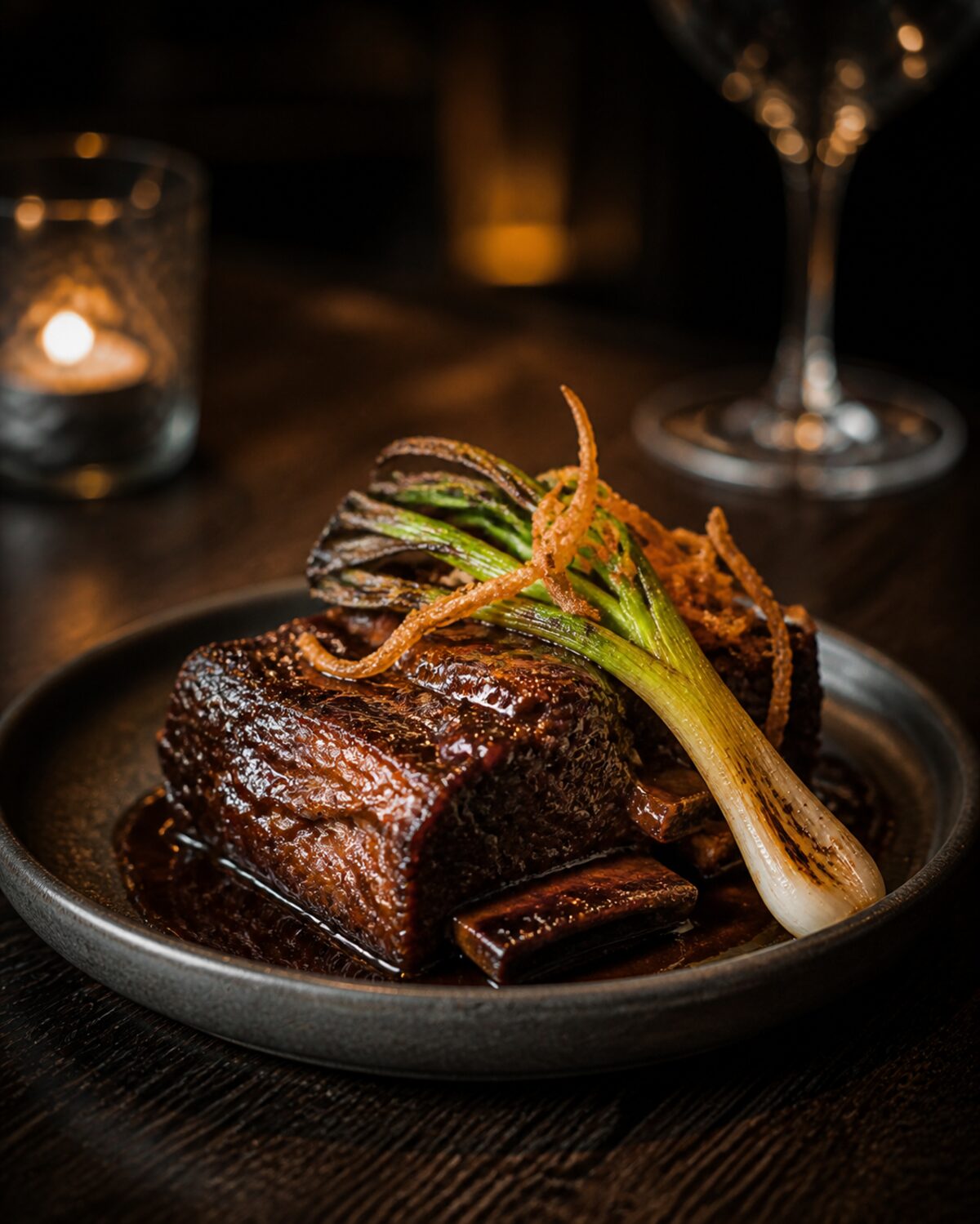 Braiserte short ribs pyntet med grillet vårløk