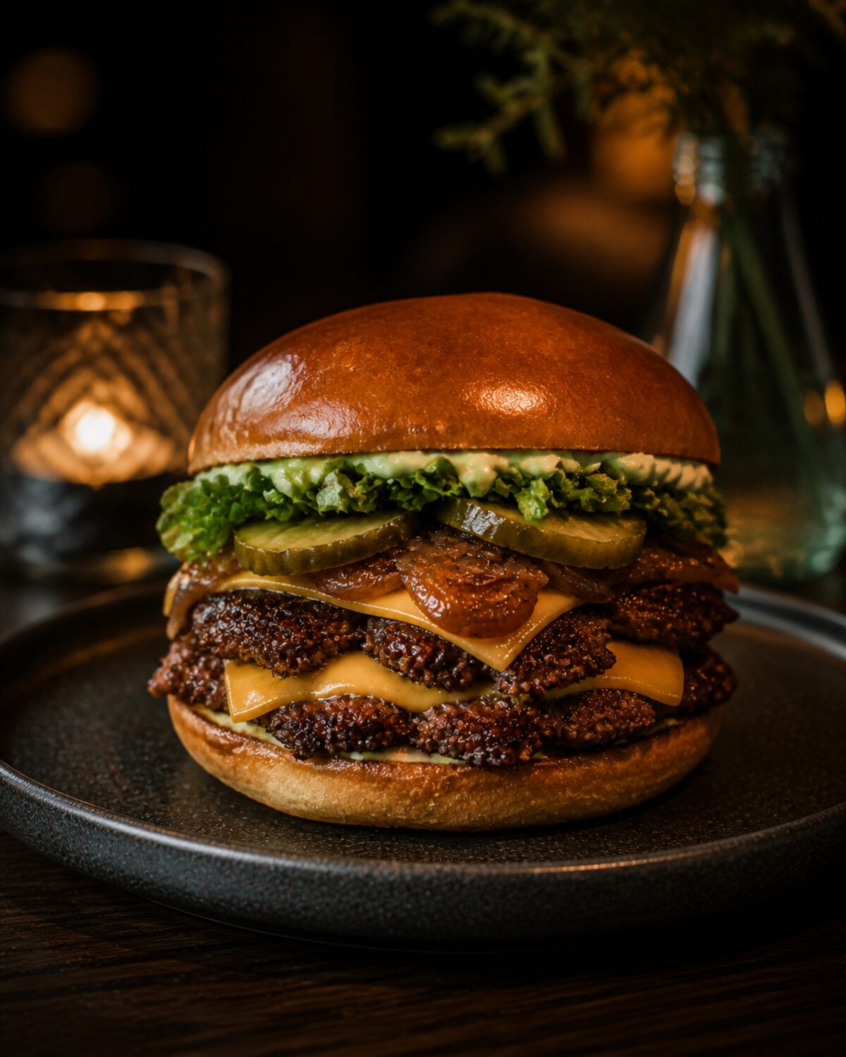 Dobbel smashburger på tallerken, med stearinlys i bakgrunnen