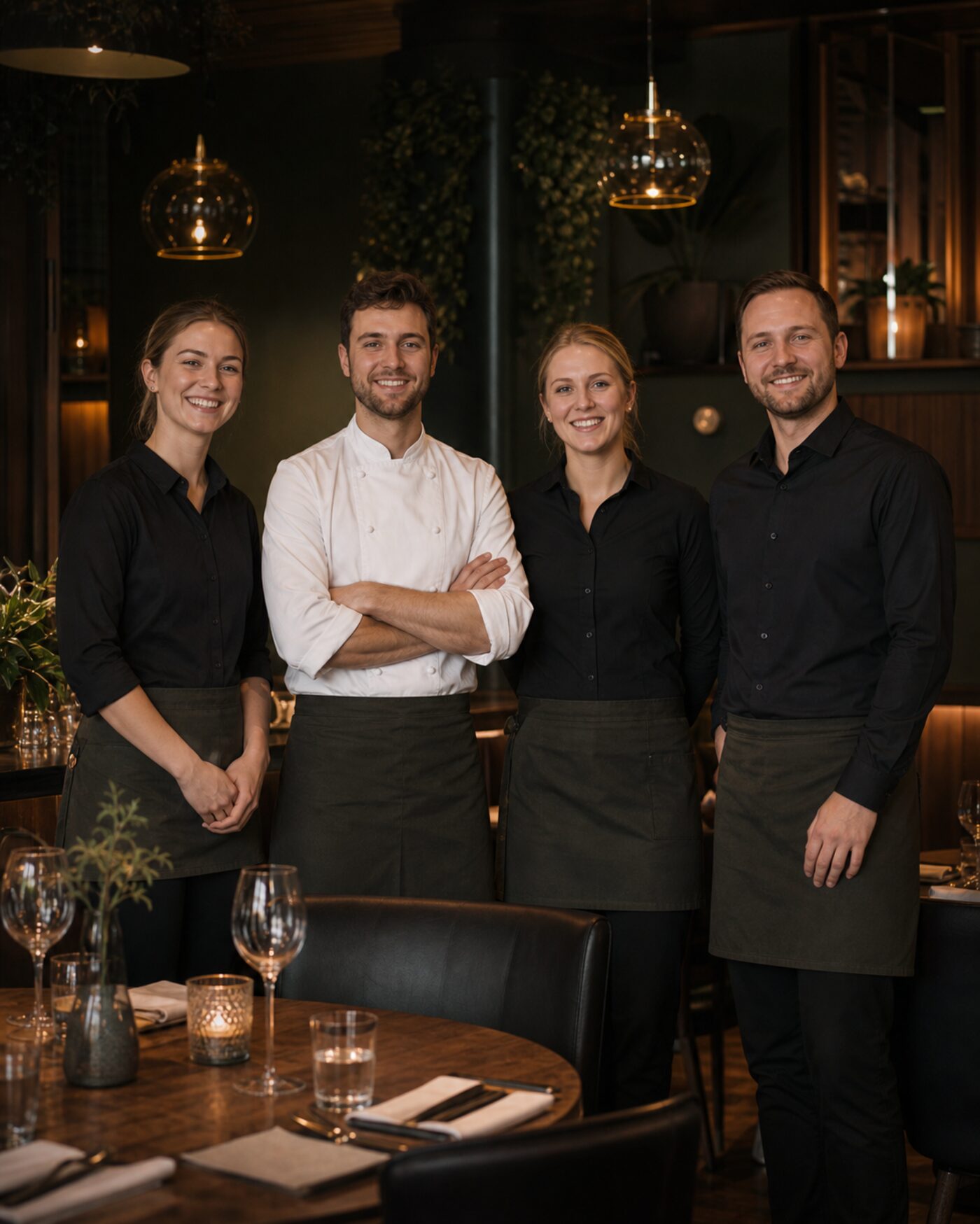 De fire ansatte ved Havn & Bord, samlet og smilende i lokalet